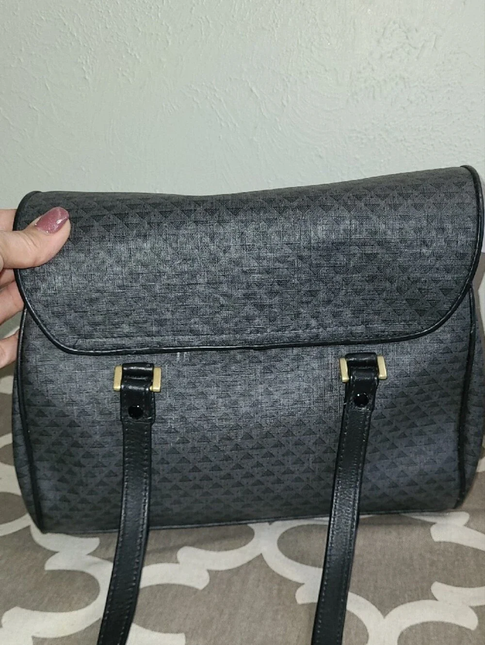 Liz Claiborne 1984 Vtg Gray Satchel Handbag with Black Trim Brass Hardware